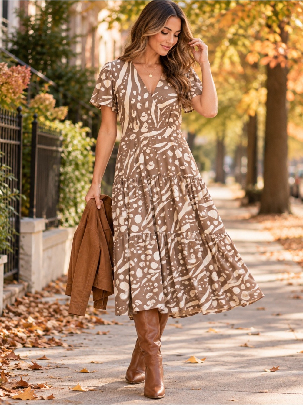 Cabi Small Taupe Animal Print Faux Wrap Tiered Midi Dress Boho Fall